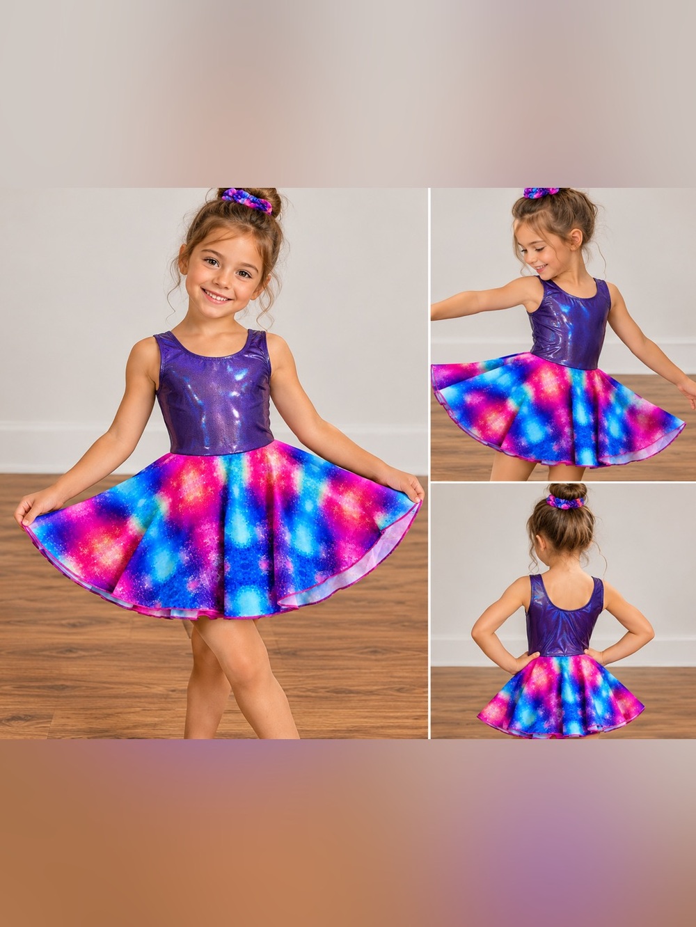 Girls Galaxy Dance Dress Size 6-7 | Purple Metallic Bodice | Colorful Twirl Skir